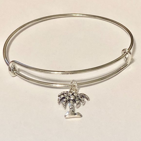 Coconut Palm Tree Charm Bracelet Beach Island Adjustable Silver Plated Wire - Picture 4 of 9